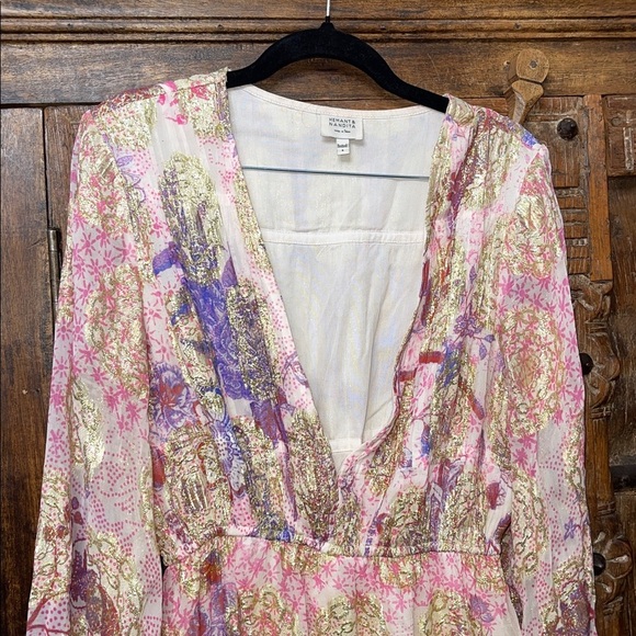 Hemant & Nandita Amal Long Dress • Lilac Gold Metallic Floral Maxi • Size Small - Picture 7 of 11